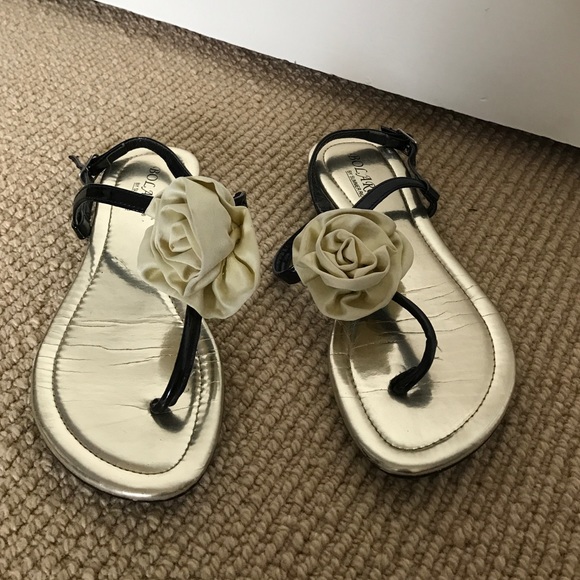 Black Patent Sandal with Flower Accent