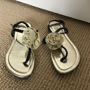 Black Patent Sandal with Flower Accent