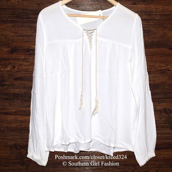 PEASANT BLOUSE Intricate Long Sleeve Lace Up Tunic - Picture 5 of 7