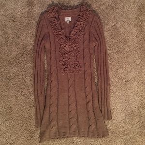 Taupe-green v-neck sweater dress/sweater