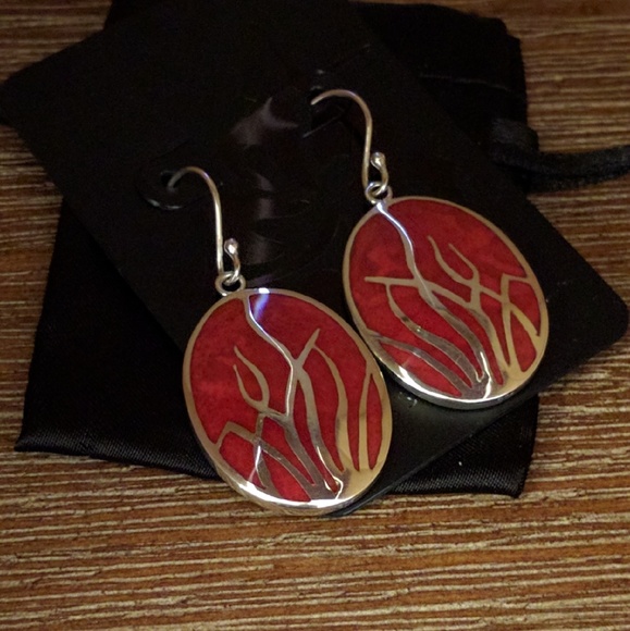 .925 Silver Red Coral Dangle Earings