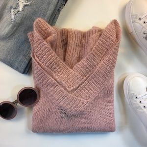 Off the shoulder cozy pink light sweater