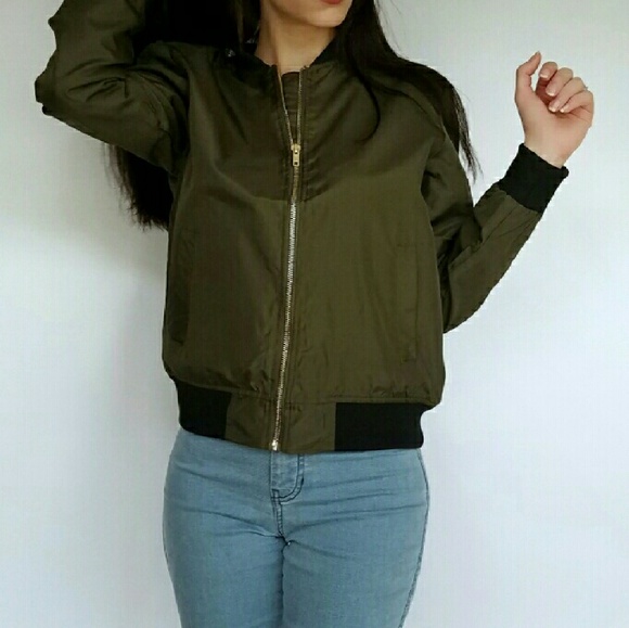CYBER MONDAY Olive Green Cropped Bomber Jacket