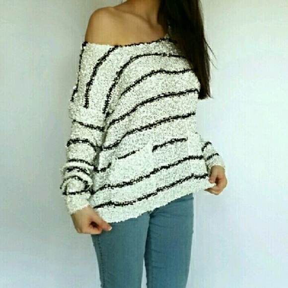 HOLIDAY SALE Striped Sequin Off Shoulder Sweater