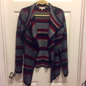 Burgundy, Gray, and Black Striped Wrap Sweater
