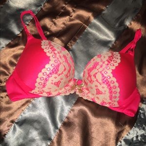 Reddish-Orange Bombshell Bra with Tan Lace from VS