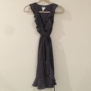 Navy and White polka dot faux wrap maternity dress
