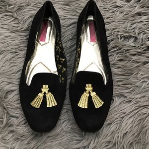 Black suede tassel, gold embroidered loafers