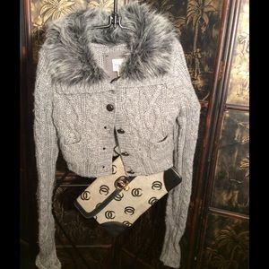 Wool sweater w fur Neck & Oleg Cassini clutch