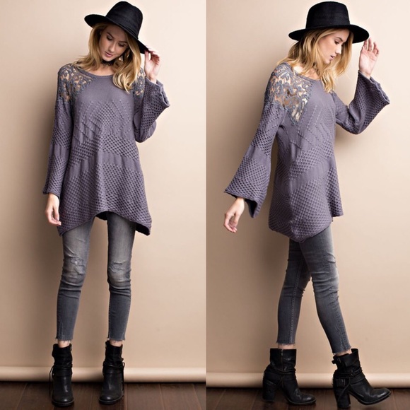 🆕LILIA knit sweater top w/ bell sleeves - SMOKE - Picture 2 of 4