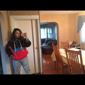 vintage windbreaker pinkish peach black turquoise