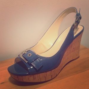 Blue patent leather wedge sandals