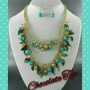 Double Layered Feather& Stone Necklace Set