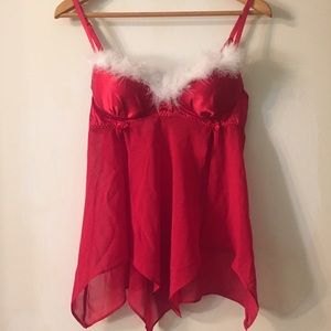 red & white marabou semi-sheer lingerie slip