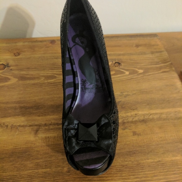 SOLD-Iron Fist Goth Peeptoe Black and Purple Heels - Picture 2 of 4