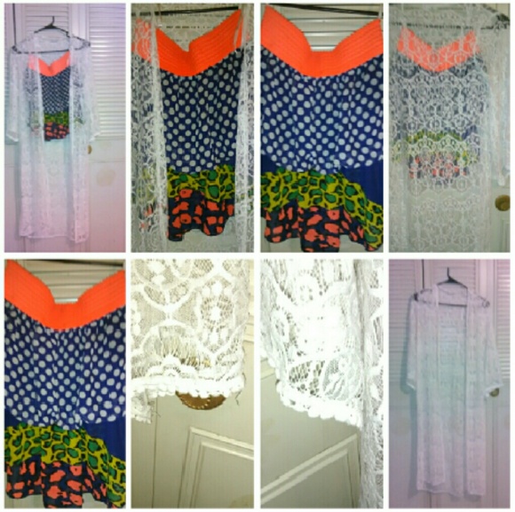 Two piece set White Cover up/Strapless Print Top