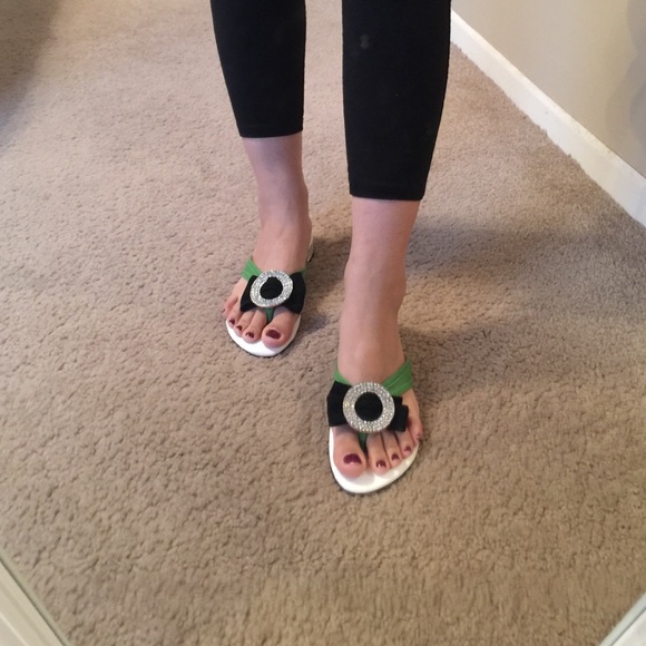 Authentic Ferdene green crystal short heels sandal