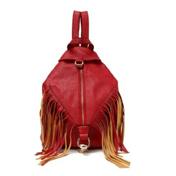 Handbags - Red Fringed backpack style bag