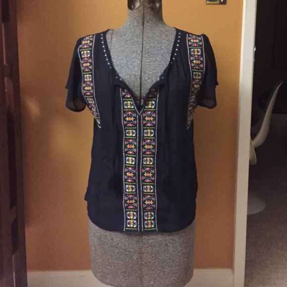 Navy Blue Embroidered Boho Peasant Top Sz S