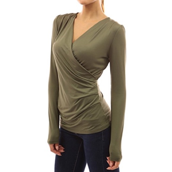 Women's Faux Wrap Long Sleeve Pullover Blouse