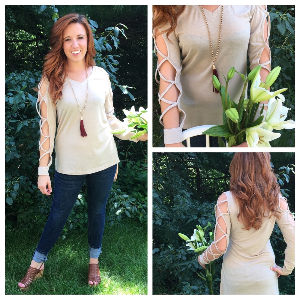 Tan Hollow Out Long Cage Sleeve Top - Picture 3 of 4