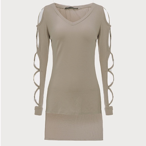 Tan Hollow Out Long Cage Sleeve Top - Picture 4 of 4