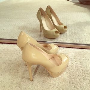nude open toe patent leather pumps, original box