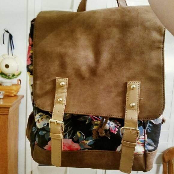 Pretty Floral and Brown Faux leather backback