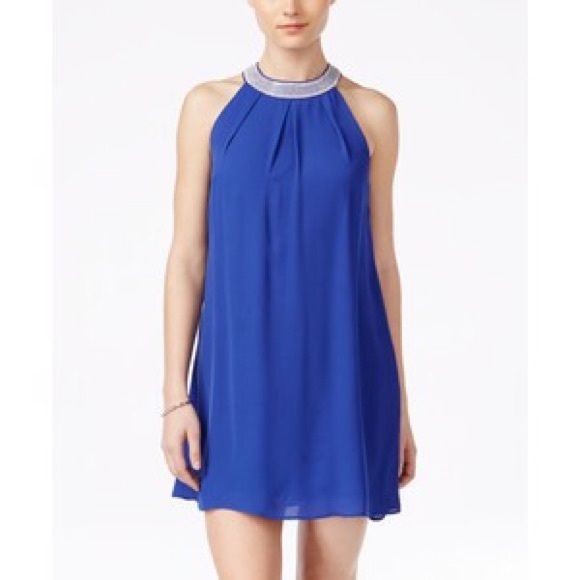 Embellished halter trapeze dress.
