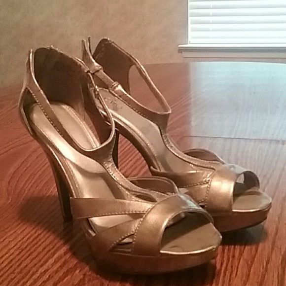 Heels, never worn, really a pewter color