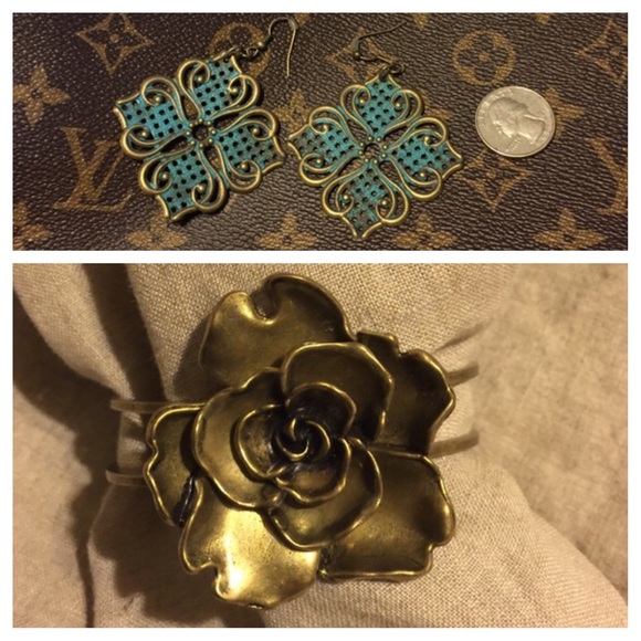 2 pc set! Blue brushed bronze earrings & rose cuff