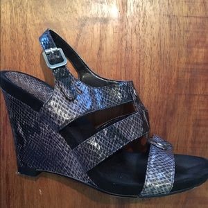 Gray and Black Snakeskin Nine West Wedge Sandals