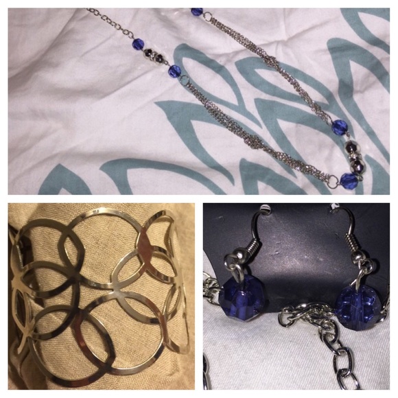 3 pcs! Long silver chain necklace earrings & cuff