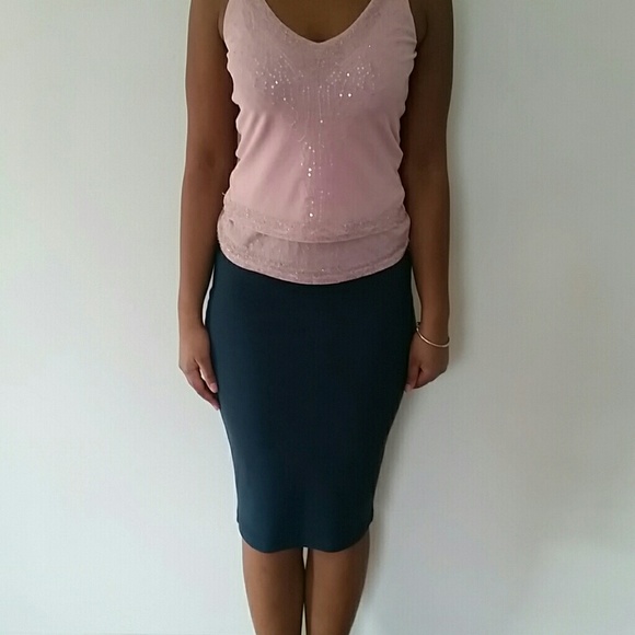F21 dark green knee length body con skirt