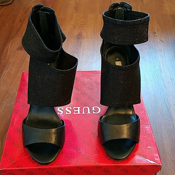 Black multi fabric heels