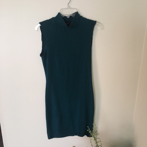 Dark emerald green mock neck dress w/ cut sleeves