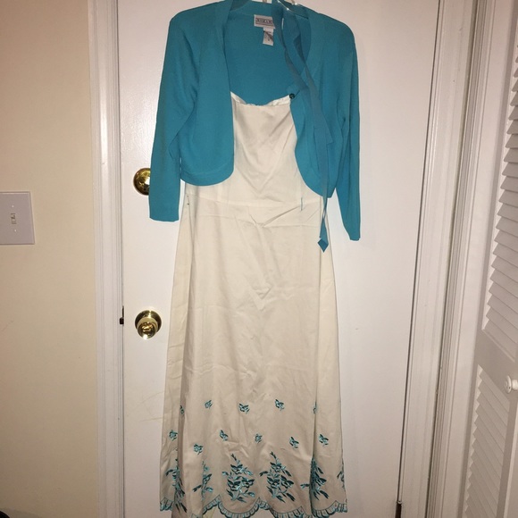 White Dress with Turquoise Shrug