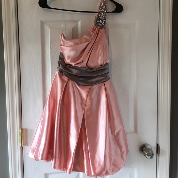 Pink and gray, satin, one-shoulder bubble dress