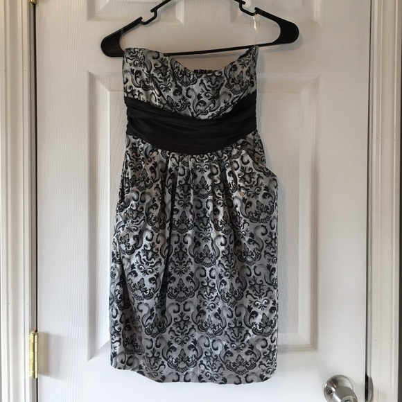 Silver and black jacquard strapless dress