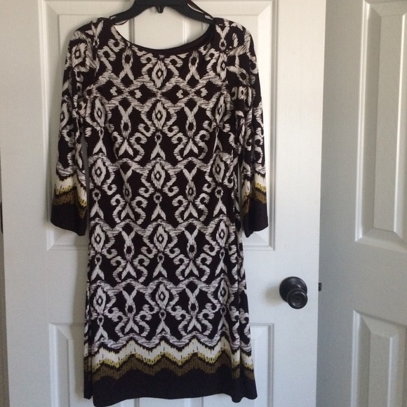 Brown/Cream/Green print shift dress, size 6.