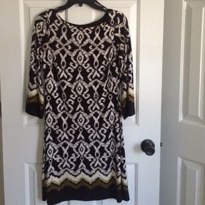Brown/Cream/Green print shift dress, size 6.