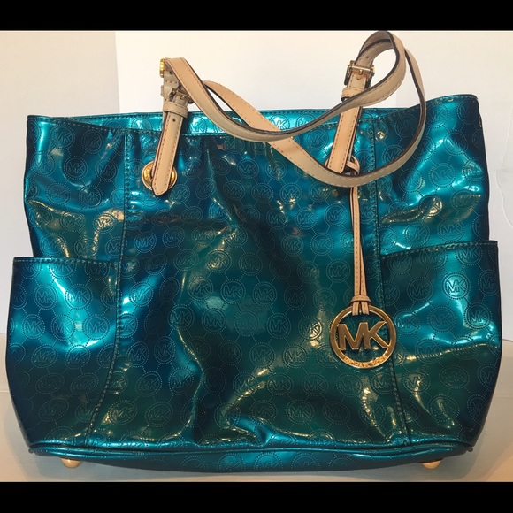Michael Kors Jet-Set Monogram Metallic Tote Teal