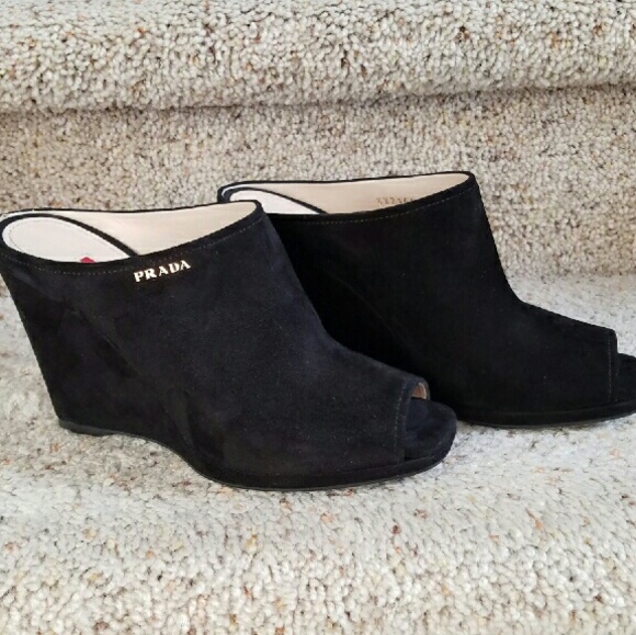 PRADA Black Suede Wedge Sandals