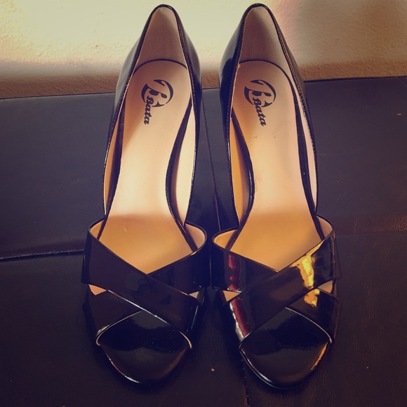 BATA peep toe patent black pumps