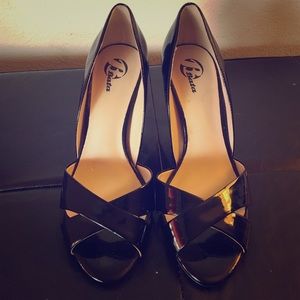 BATA peep toe patent black pumps