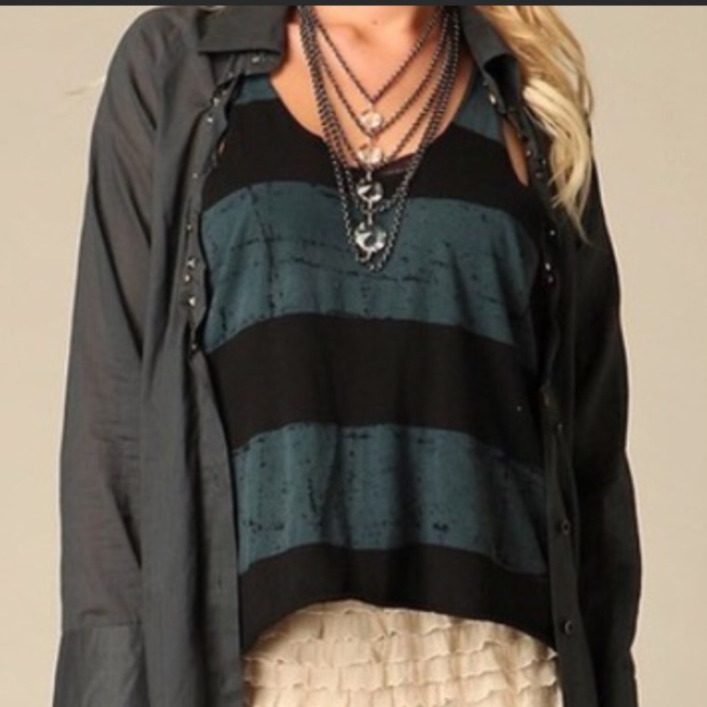 Free People Medium Blue and Black Stripe Tank Top