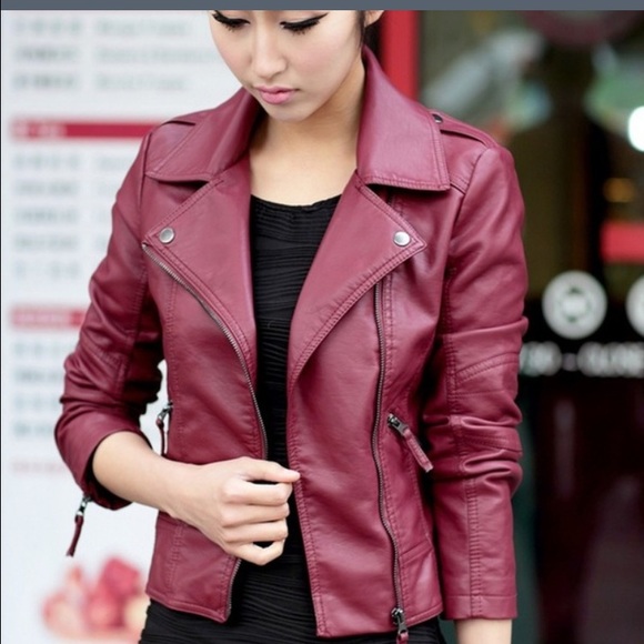 Burgundy faux leather motorcycle jacket