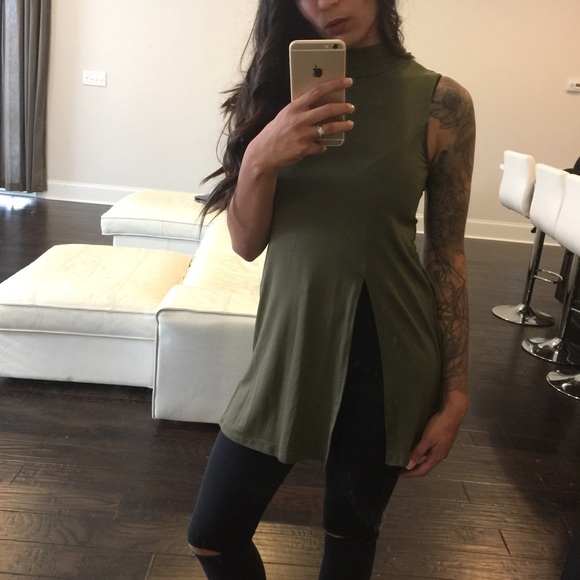 Viscosity Tops - Olive Mock Neck Tunic Slit Tank