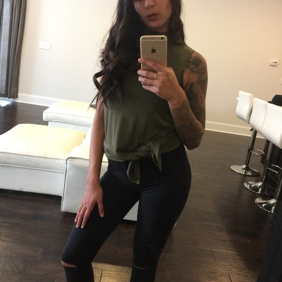 Olive Mock Neck Tunic Slit Tank - Picture 3 of 4