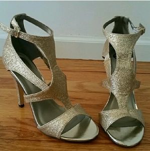Gold glitter open toe strappy heel